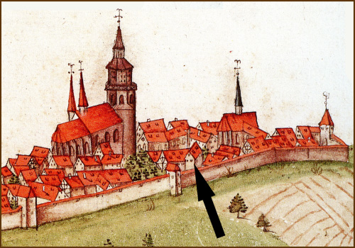 Das Kapuzinerhospiz von Weil der Stadt auf der Stadtansicht im Forstlagerbuch des württembergischen Ingenieur-Offiziers Andreas Kieser von 1682. Das Bild zeigt auch die enge Nachbarschaft der beiden Bettelorden der Kapuziner und Augustiner (rechts die Augustinerkirche). Das Kapuzinerhospiz von Weil der Stadt