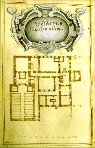 Spiegelverkehrter Grundriss des Weiler Hospizes aus der „Architectura Capucinorum” von Probus Haine von Pfullendorf (Cod.Don. 879, WLB). Grundriss des Weiler Hospizes