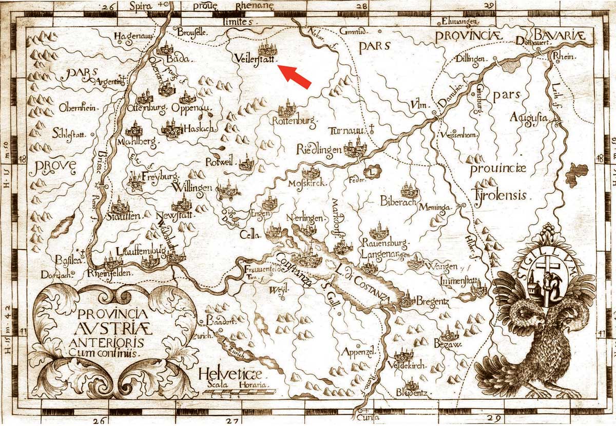 Auf der Karte „Provincia Avstriae Anterioris cum confiniis” sind die 32 Klöster und Hospize der vorderösterreichischen Kapuzinerprovinz (1668-1781) verzeichnet. Weil der Stadt („Veilerstatt”) und Baden-Baden waren die nördlichsten Niederlassungen der Provinz. Karte „Provincia Avstriae Anterioris cum confiniis”